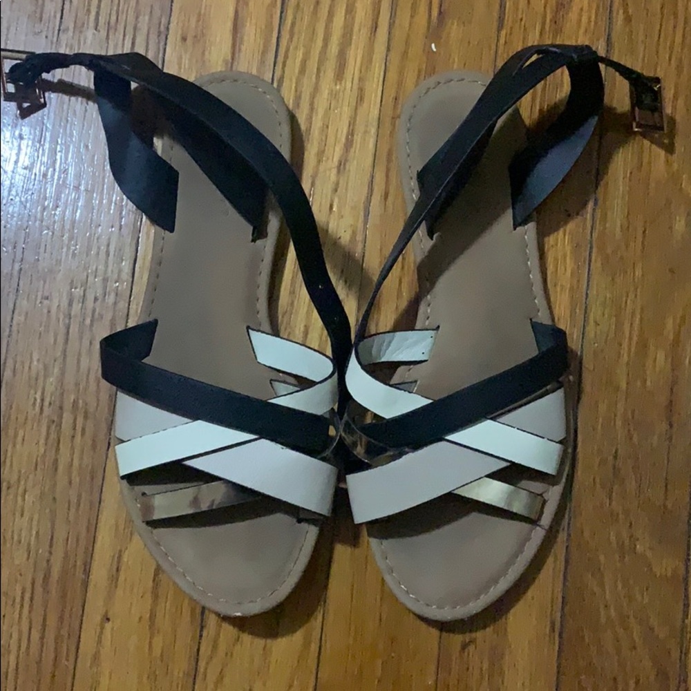 Strap sandals, black gold and tan. Size 6.5